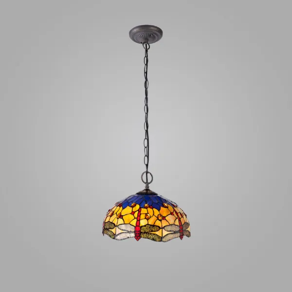 Hitchin 2 Light Downlighter Pendant E27 With 40cm Tiffany Shade, Blue Orange Crystal Aged Antique Brass