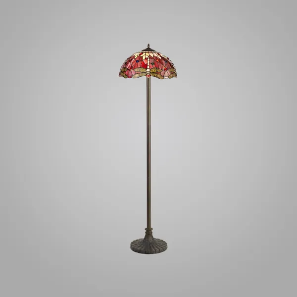Hitchin 2 Light Stepped Design Floor Lamp E27 With 40cm Tiffany Shade, Purple Pink Crystal Aged Antique Brass