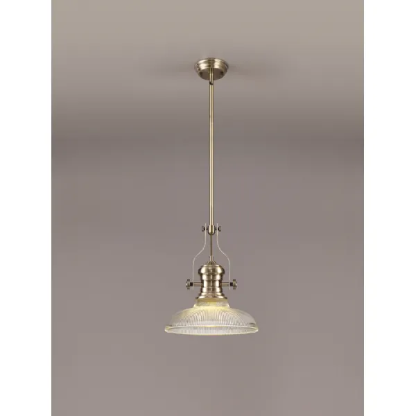 Sandy 1 Light Pendant E27 With 30cm Round Glass Shade, Antique Brass Clear