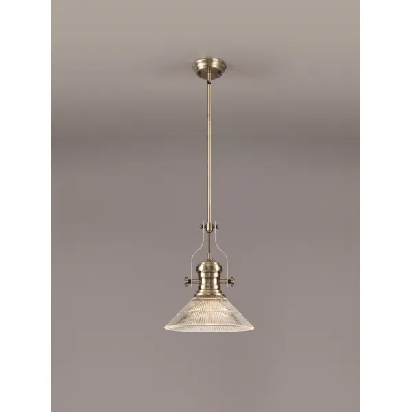 Sandy 1 Light Pendant E27 With 30cm Cone Glass Shade, Antique Brass Clear