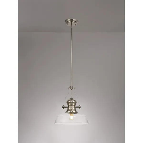 Sandy 1 Light Pendant E27 With 30cm Flat Round Glass Shade, Polished Nickel Clear