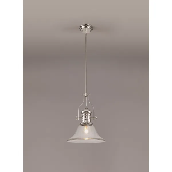 Sandy 1 Light Pendant E27 With 30cm Smooth Bell Glass Shade, Polished Nickel Clear