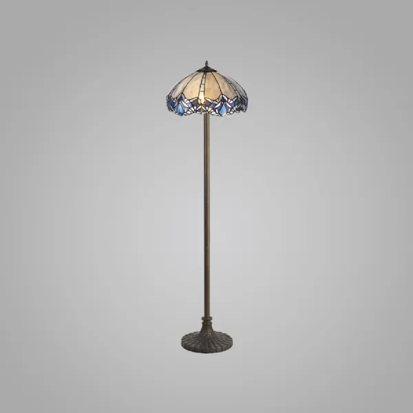 Ardingly 2 Light Stepped Design Floor Lamp E27 With 40cm Tiffany Shade, Blue Clear Crystal Aged Antique Brass
