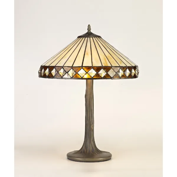 Rayleigh 2 Light Tree Like Table Lamp E27 With 40cm Tiffany Shade, Amber Cream Crystal Aged Antique Brass