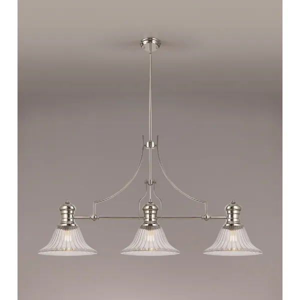 Sandy 3 Light Linear Pendant E27 With 30cm Bell Glass Shade, Polished Nickel, Clear