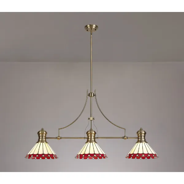 Ware 3 Light Linear Pendant E27 With 30cm Tiffany Shade, Antique Brass, Red, Cream, Crystal