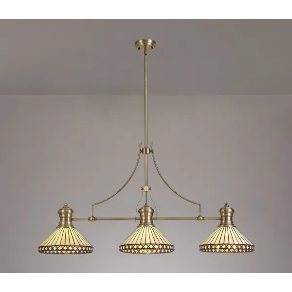 Rayleigh 3 Light Linear Pendant E27 With 30cm Tiffany Shade, Antique Brass, Amber, Cream, Crystal