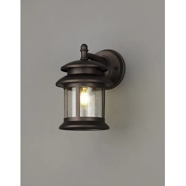 Horsham Down Round Wall Lamp, 1 x E27, IP44, Antique Bronze Clear Seeded Glass, 2yrs Warranty