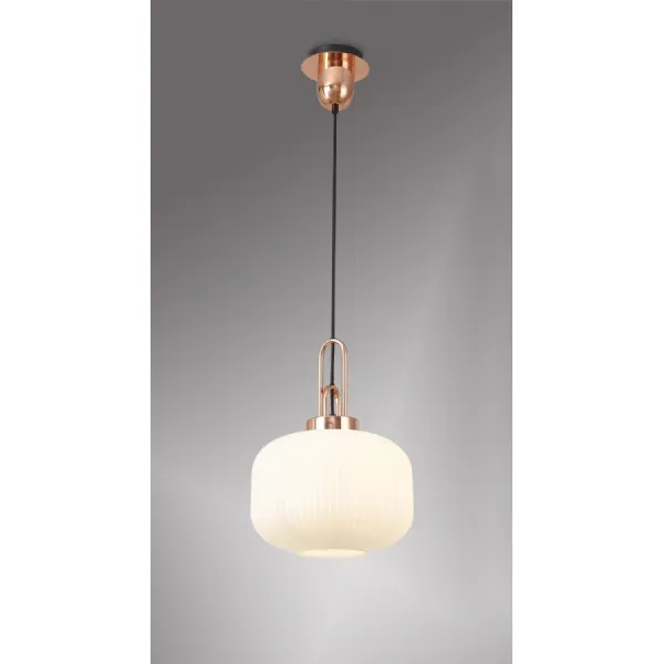 Epsom 1 Light Pendant E27 With 30cm Pumpkin Shaped Ribbed Glass, Opal Copper Matt Black