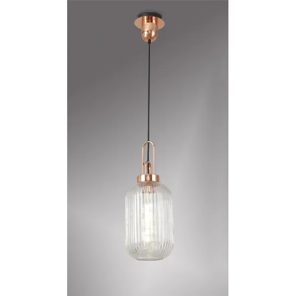 Epsom 1 Light Pendant E27 With 20cm Tubular Ribbed Glass, Clear Copper Matt Black