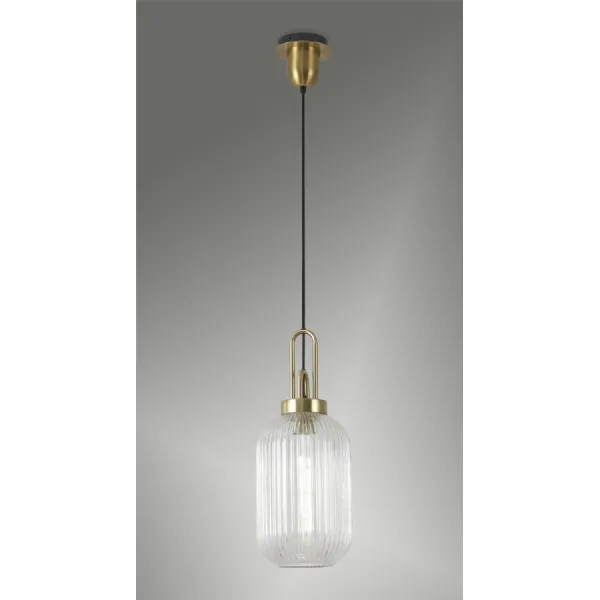 Epsom 1 Light Pendant E27 With 20cm Tubular Ribbed Glass, Clear Brass Gold Matt Black