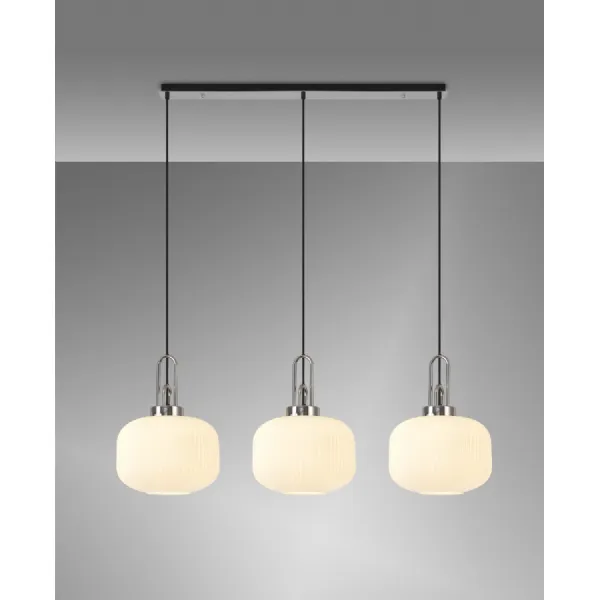 Epsom Linear 3 Light Pendant E27, Polished Nickel Matt Black With 30cm Pumpkin Shaped Ribbed Opal Glass