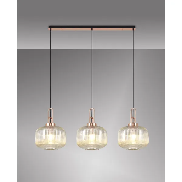 Epsom Linear 3 Light Pendant E27, Copper Matt Black With 30cm Pumpkin Shaped Ribbed Champagne Glass