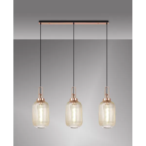 Epsom Linear 3 Light Pendant E27 With 20cm Tubular Ribbed Glass, Champagne Copper Matt Black