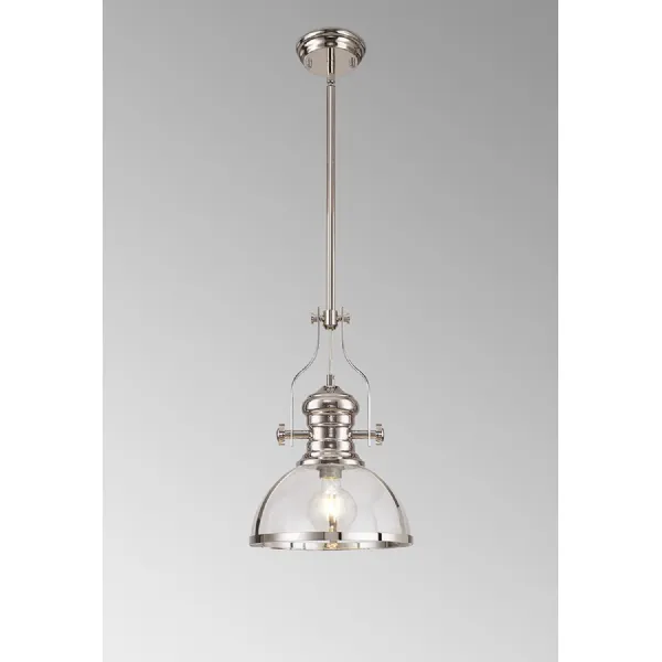 Sandy Pendant, 1 x E27, Polished Nickel With Round 30cm Polished Nickel Clear Glass Shade