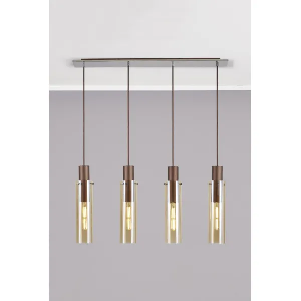 Bexley Linear Pendant, 4 Light Adjustable E27, Mocha Amber Glass