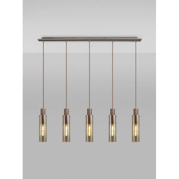 Bexley Linear Pendant, 5 Light Adjustable E27, Mocha Amber Glass