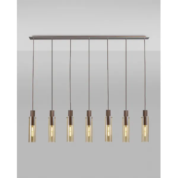 Bexley Linear Pendant, 7 Light Adjustable E27, Mocha Amber Glass