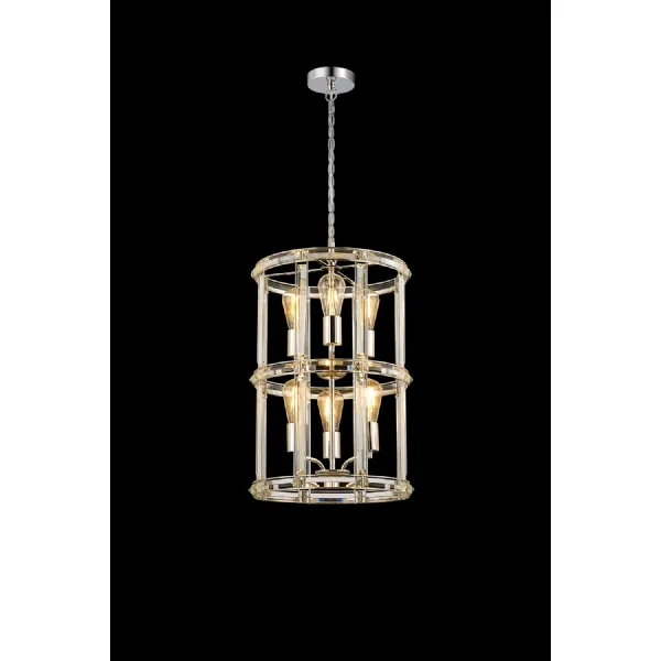 Woolwich Small Round Column Pendant, 6 Light E27, Polished Nickel