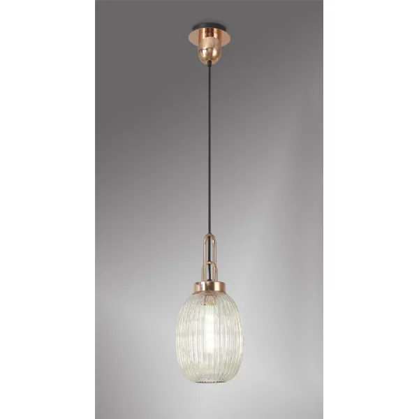 Epsom 1 Light Pendant E27 With 20cm Almond Ribbed Glass, Champagne Copper Matt Black