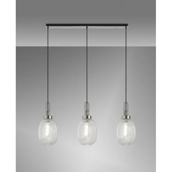 Epsom Linear 3 Light Pendant E27 With 20cm Almond Ribbed Glass, Clear Polished Nickel Matt Black