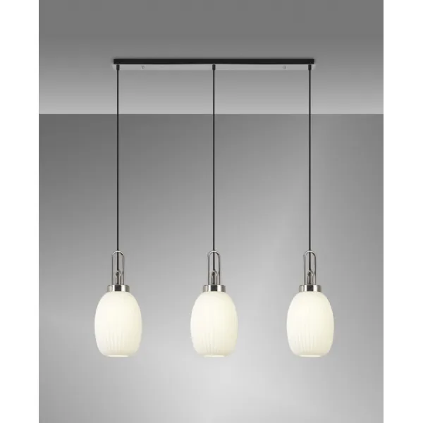 Epsom Linear 3 Light Pendant E27 With 20cm Almond Ribbed Glass, Opal Polished Nickel Matt Black