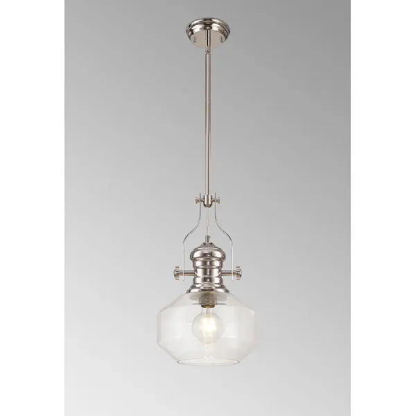 Sandy Single Pendant, 1 x E27, Round Champfered Glass, Polished Nickel Clear