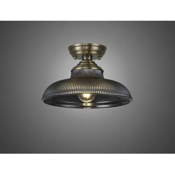 Billericay 1 Light Flush Ceiling E27 With Round 30cm Glass Shade Antique Brass Smoked