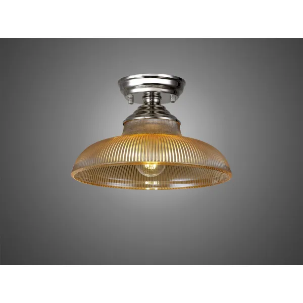 Billericay 1 Light Flush Ceiling E27 With Round 30cm Glass Shade Polished Nickel Amber