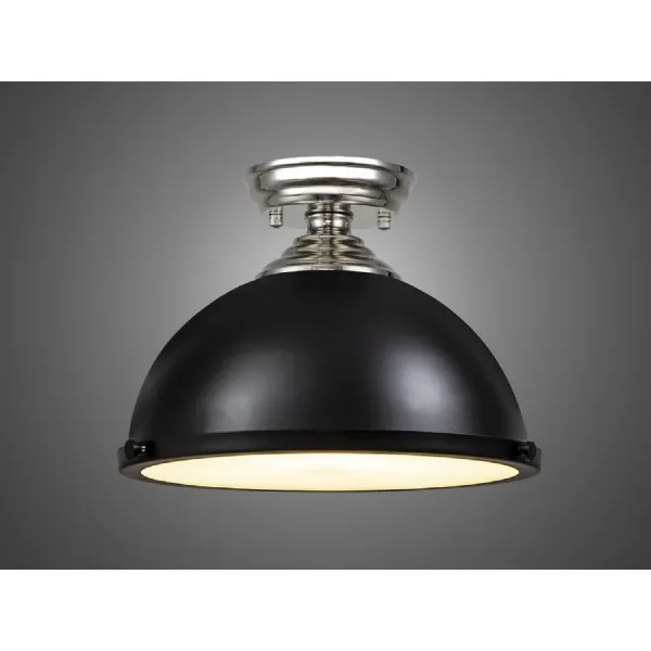 Billericay 1 Light Flush Ceiling E27 With Round 31cm Metal Shade Polished Nickel Matt Black Frosted White