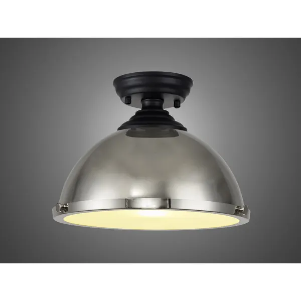 Billericay 1 Light Flush Ceiling E27 With Round 31cm Metal Shade Matt Black Polished Nickel Frosted White