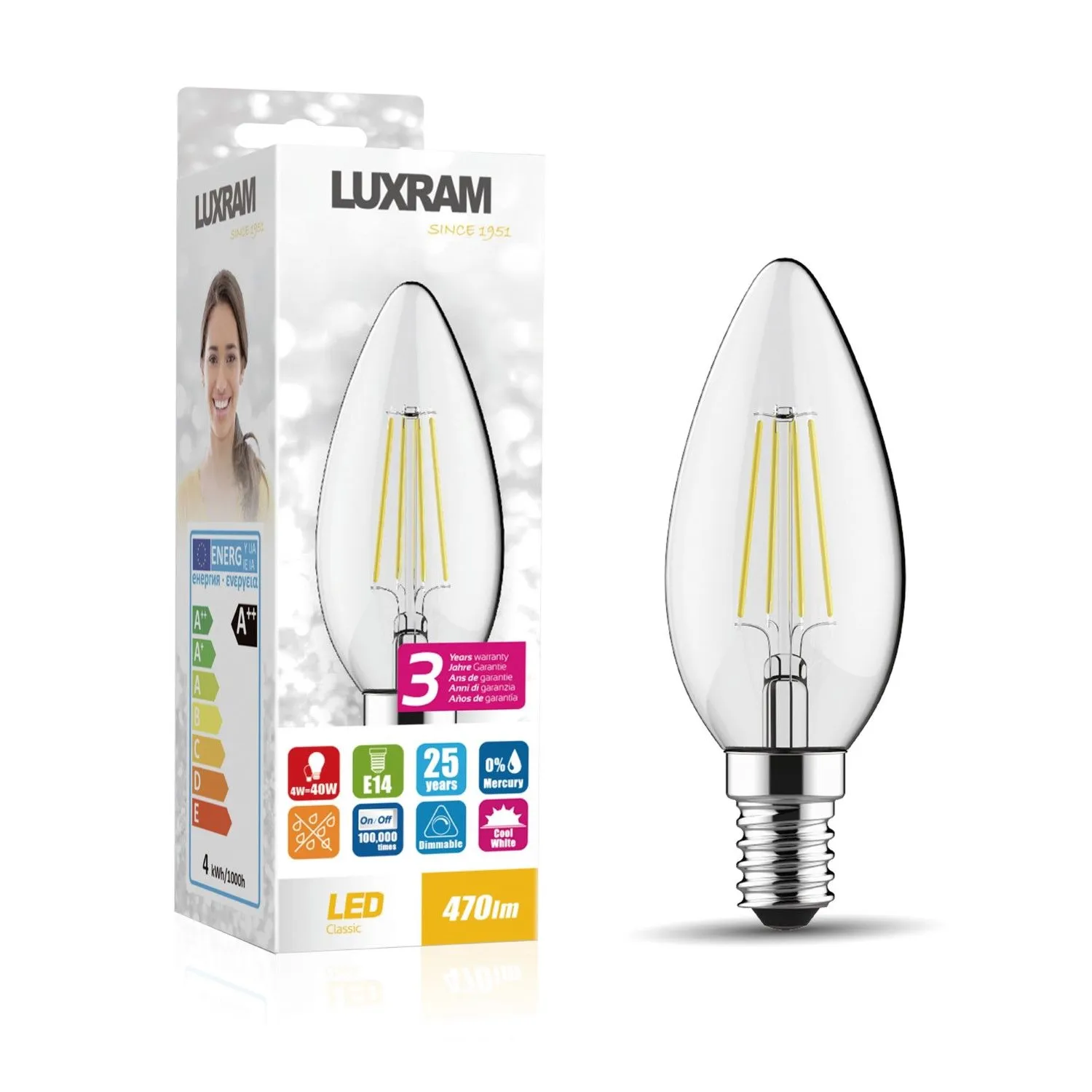 Value Classic LED Candle E14 Dimmable 4W 4000K Natural White, 470lm, Clear Finish, 3yrs Warranty