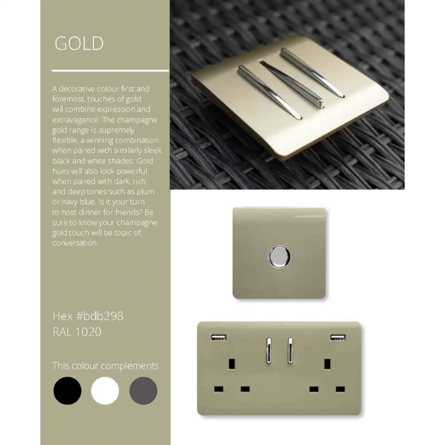 Trendi, Artistic Modern 2 Gang Doorbell Champagne Gold Finish, BRITISH MADE, (25mm Back Box Required), 5yrs Warranty