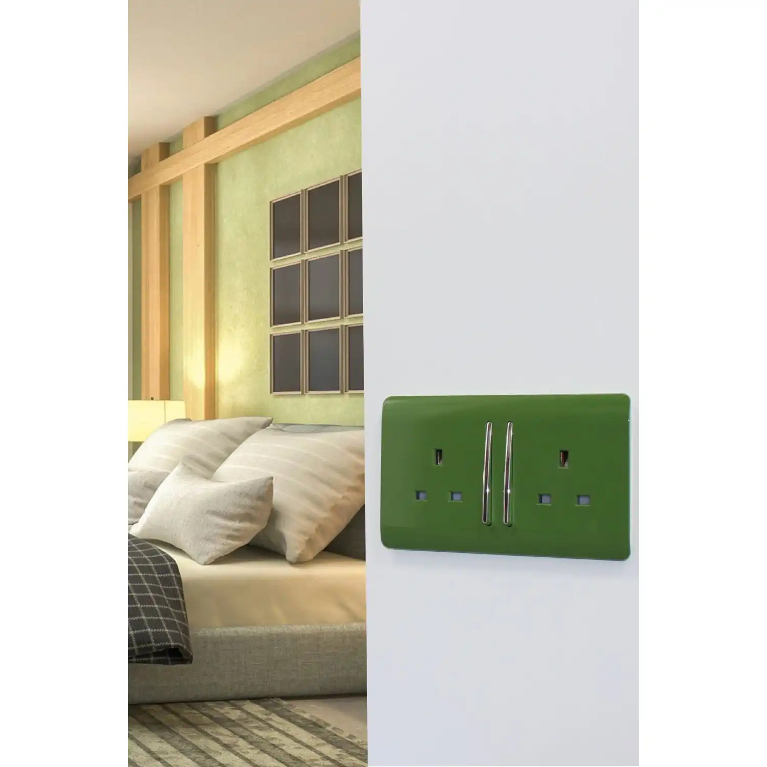 Trendi, Artistic Modern 2 Gang 13Amp Long Switched Double Socket Moss Green Finish, BRITISH MADE, (25mm Back Box Required), 5yrs Warranty