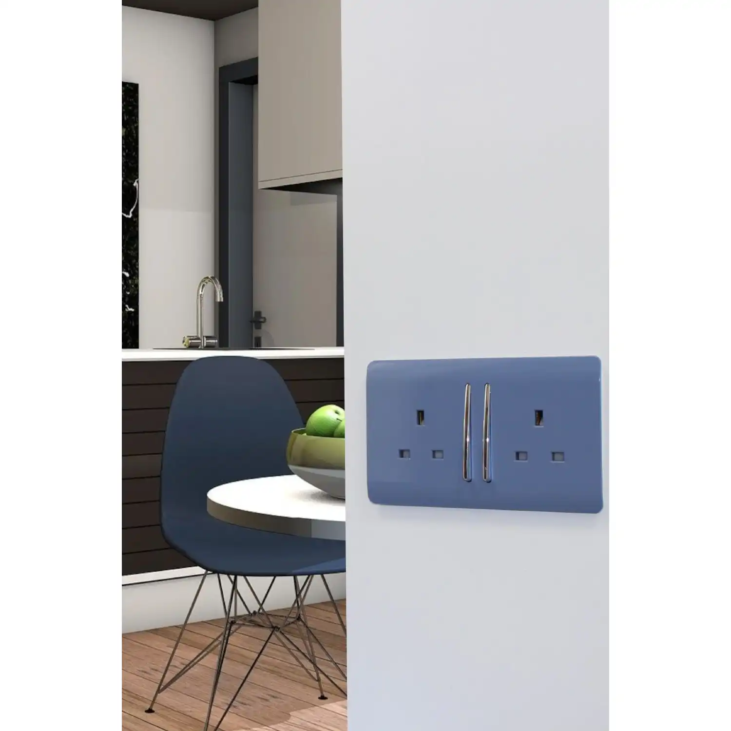 Trendi, Artistic Modern 2 Gang 13Amp Long Switched Double Socket Sky Finish, BRITISH MADE, (25mm Back Box Required), 5yrs Warranty