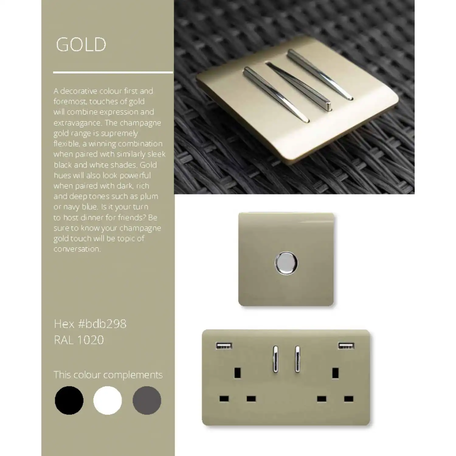 Trendi, Artistic Modern 2 Gang 13A Switched Double Socket With 4X 2.1Mah USB Champagne Gold Finish, BRITISH MADE, (45mm Back Box Required) 5yrs Wrnty