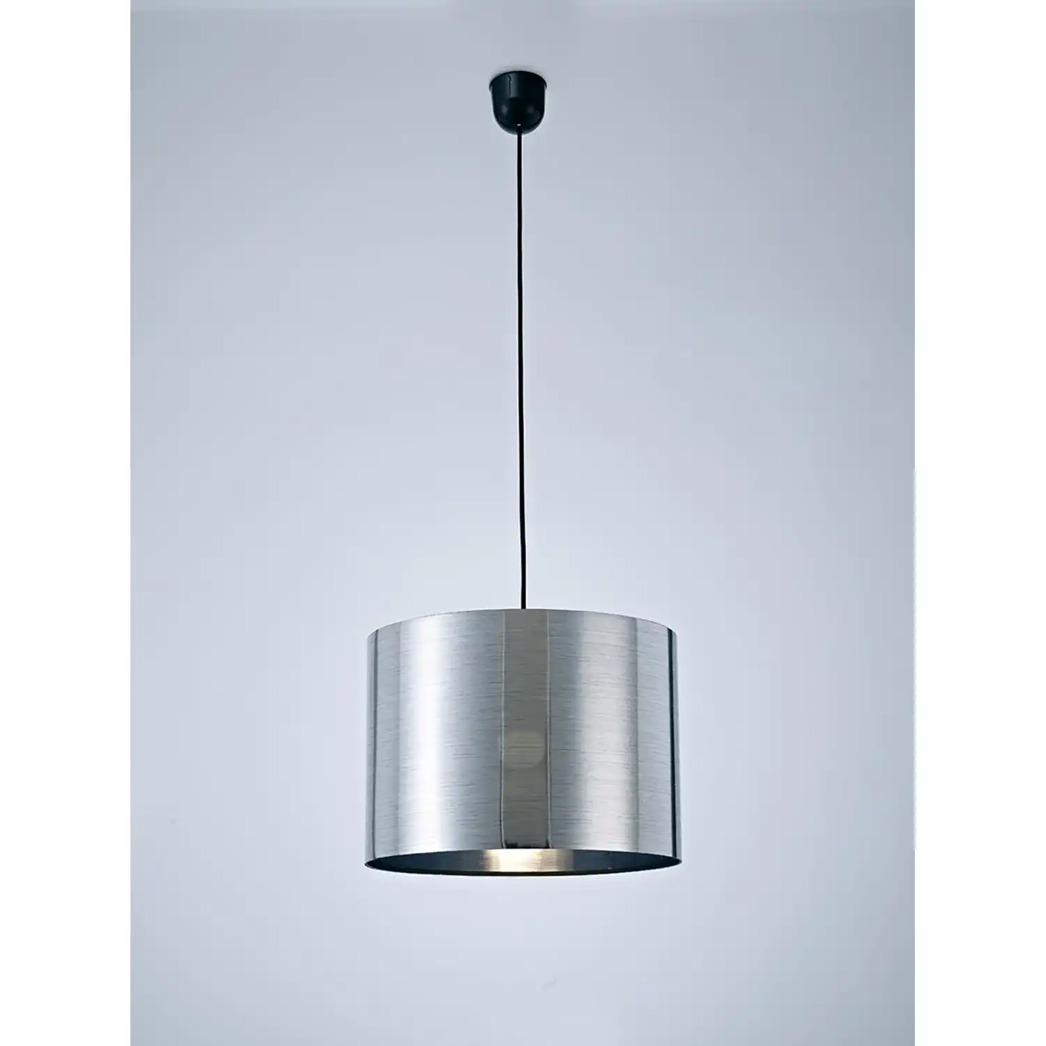 Dako Black Pendant 1 Light E27 With 350 x 250mm Metallic Chrome Finish Cylinder Shade, c w Ceiling Bracket