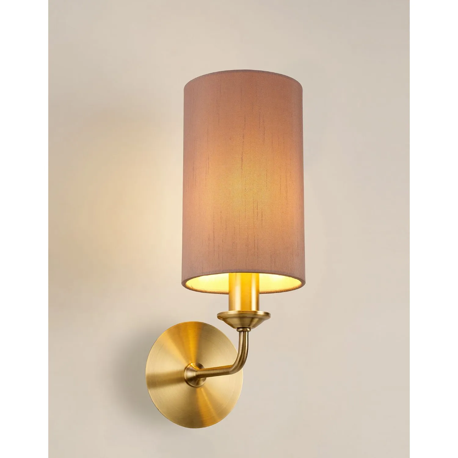 Banyan 1 Light Switched Wall Lamp, E14 Antique Brass c w 120mm Dual Faux Silk Shade, Taupe Halo Gold
