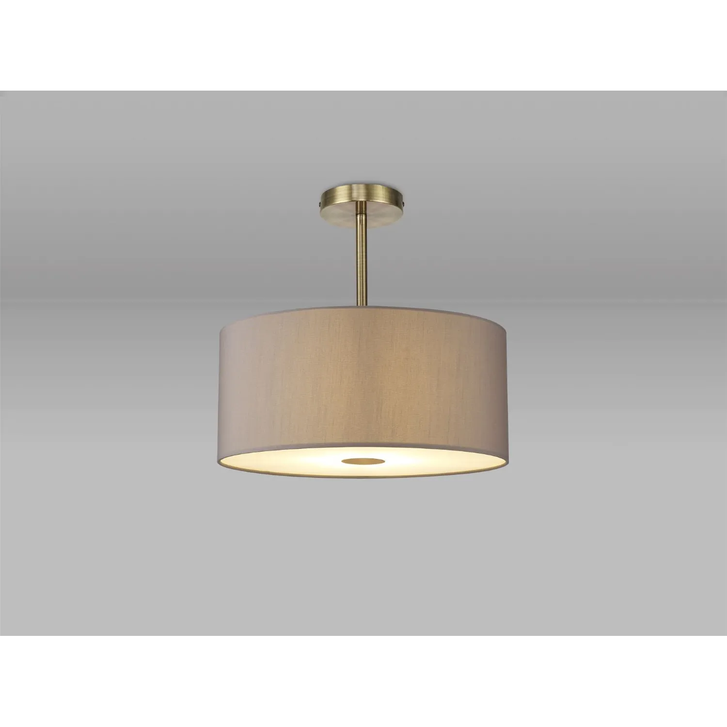 Baymont Antique Brass 1 Light E27 Semi Flush c w 400mm Faux Silk Shade, Grey White Laminate c w 400mm Frosted AB Acrylic Diffuser