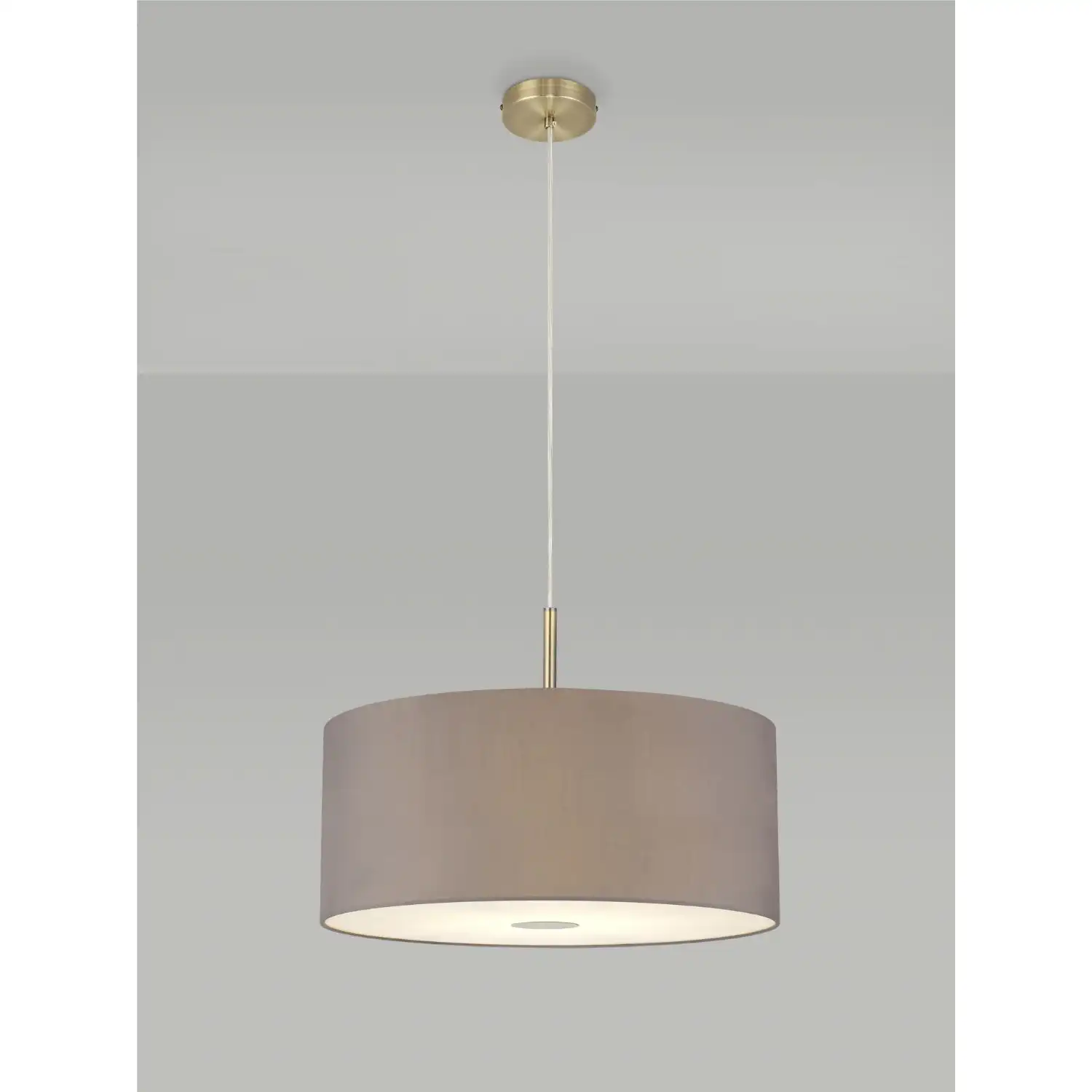 Baymont Antique Brass 1 Light E27 3m Single Pendant c w 500mm Faux Silk Shade, Grey White Laminate c w 500mm Frosted AB Acrylic Diffuser