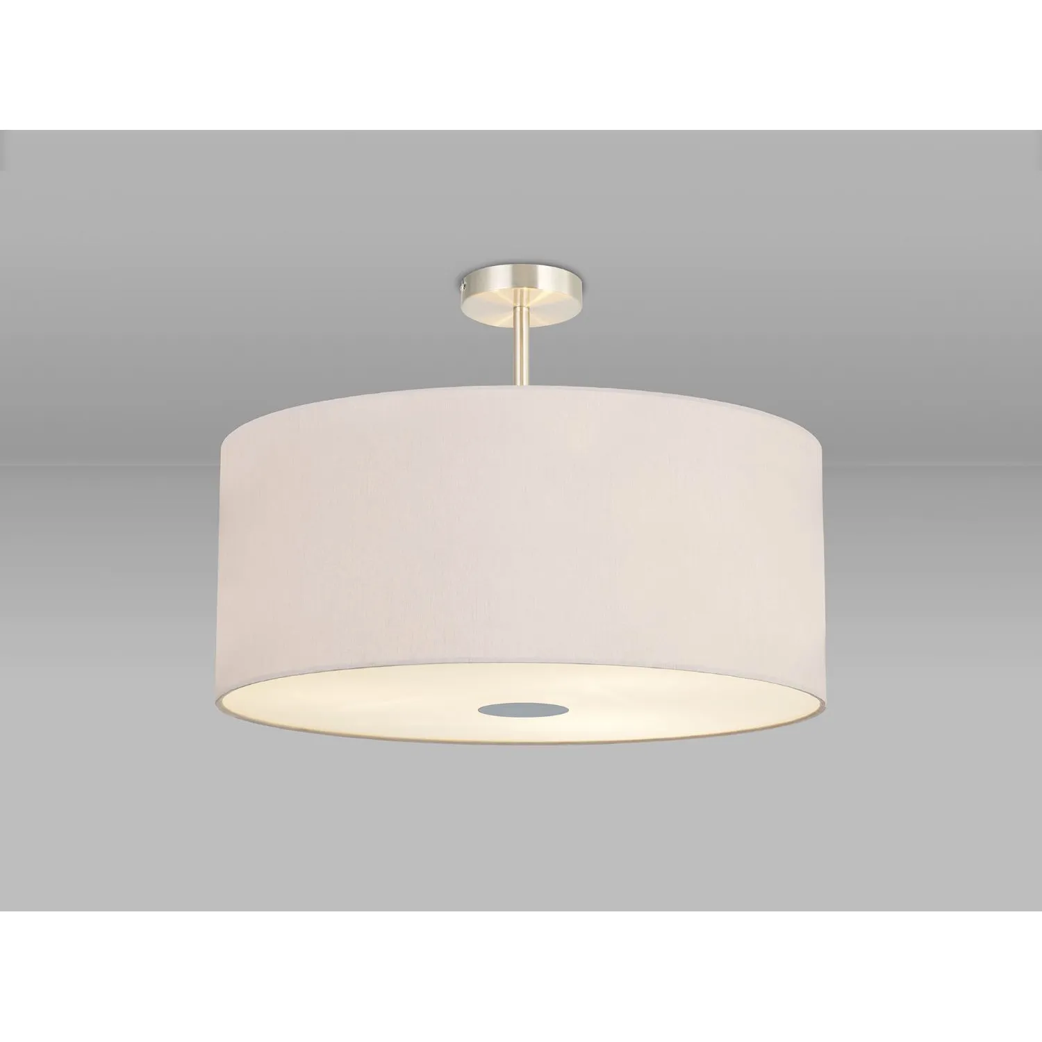 Baymont Satin Nickel 5 Light E27 Semi Flush Fixture c w 600 Dual Faux Silk Fabric Shade, Nude Beige Moonlight And 600mm Frosted PC Acrylic Diffuser