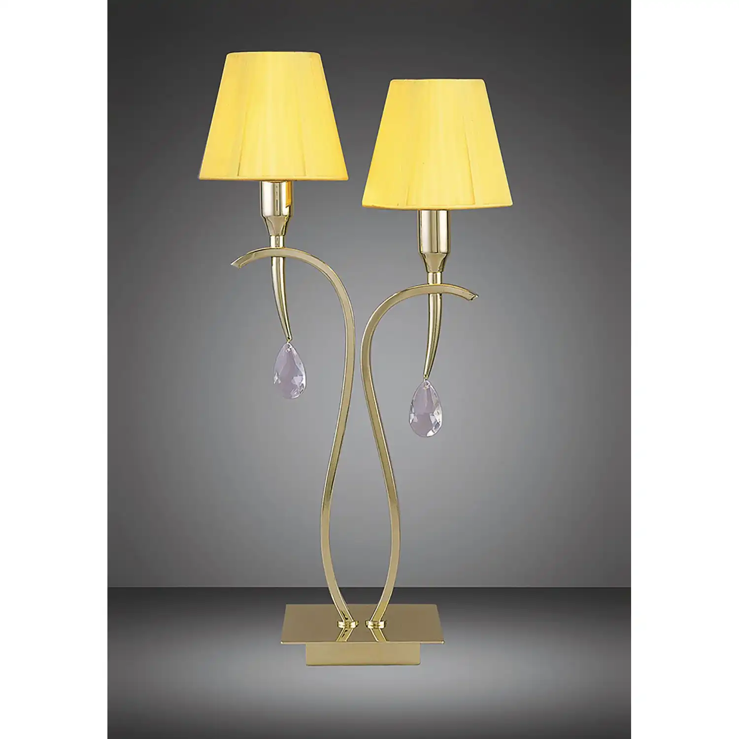 Siena Table Lamp 2 Light E14, Polished Brass With Amber Cream Shades And Clear Crystal