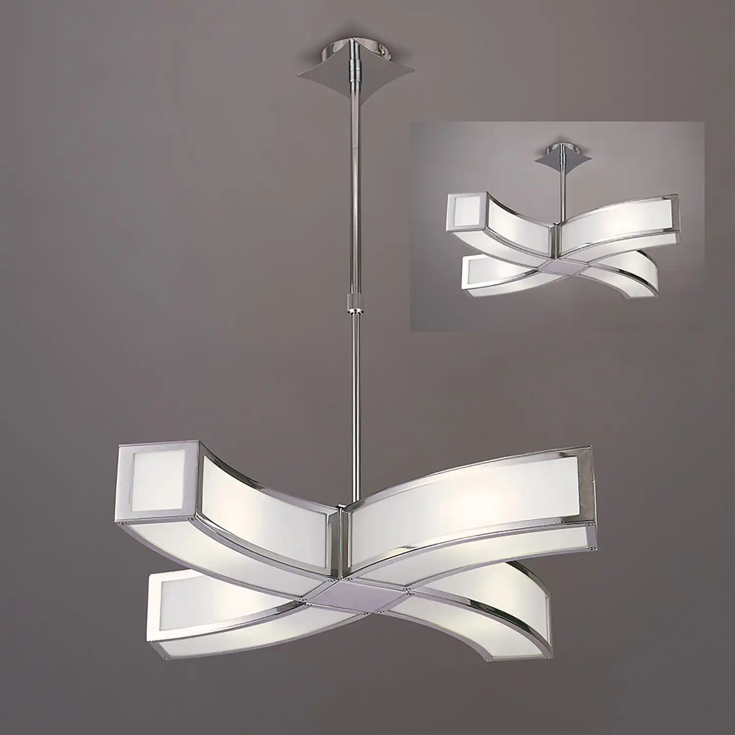 Duna E27 Pendant 4 Light L1 Curved, Polished Chrome White Acrylic, CFL Lamps INCLUDED