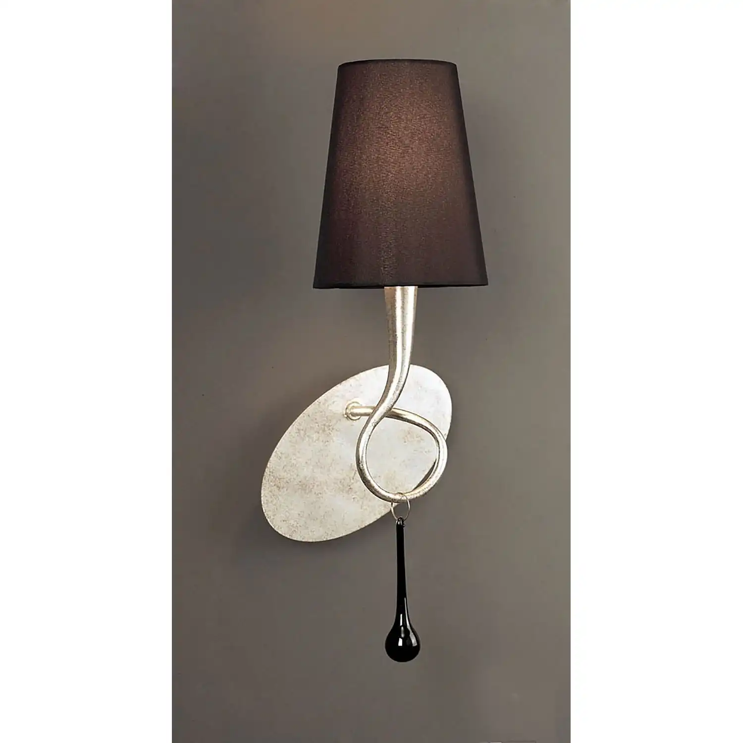 Paola Wall Lamp 1 Light E14, Silver Painted With Black Shade And Black Glass Droplets