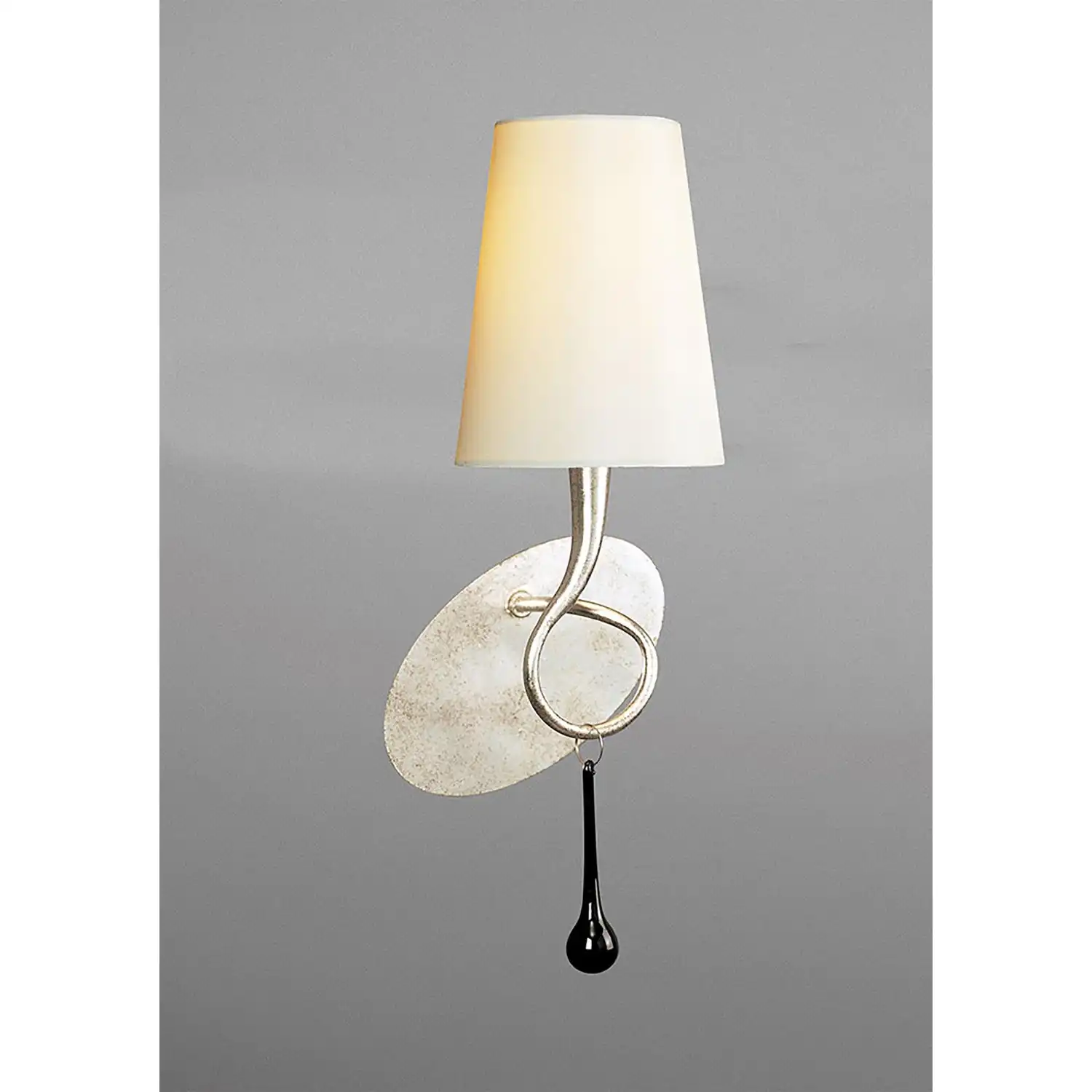 Paola Wall Lamp Switched 1 Light E14, Silver Painted With Cream Shade And Black Glass Droplets