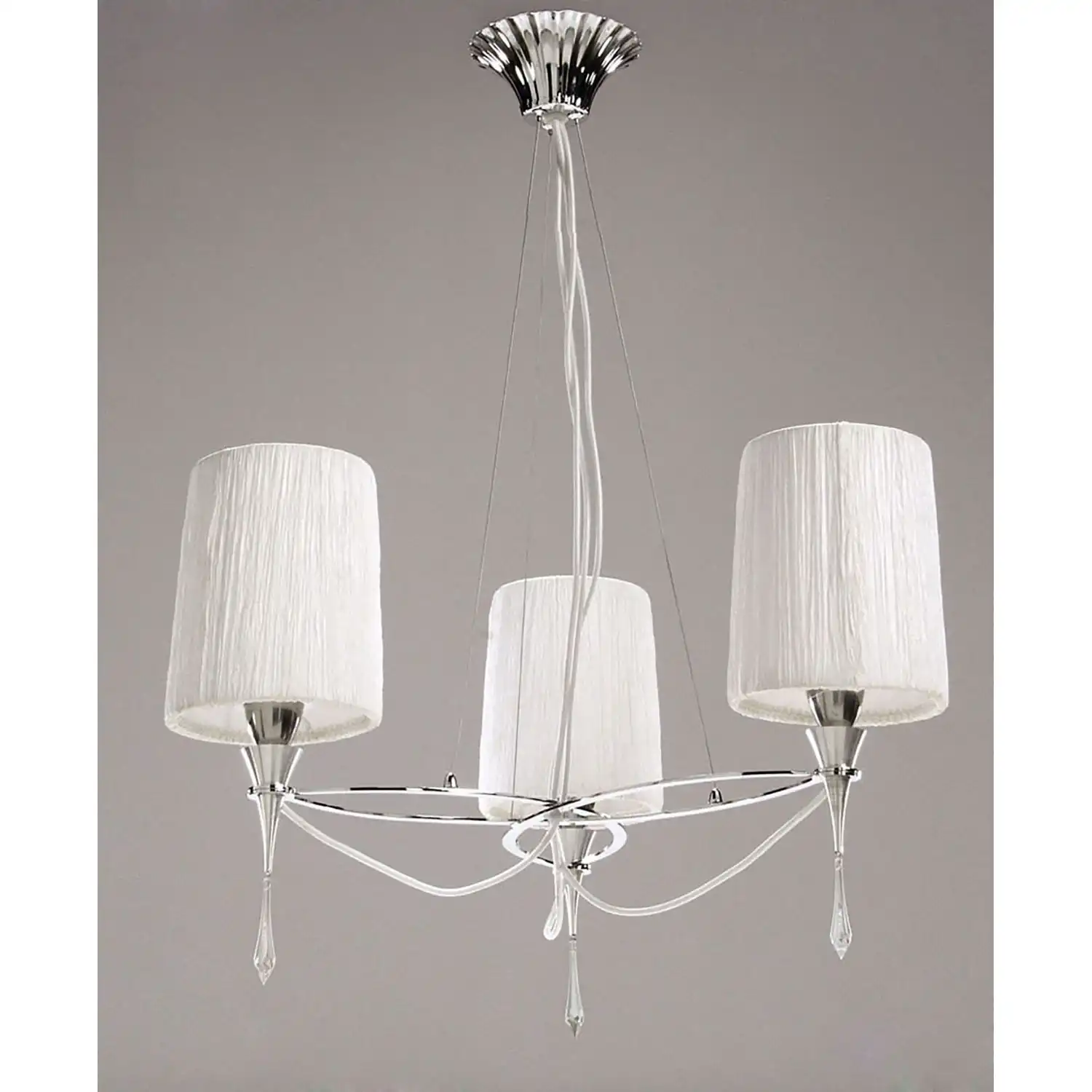 Lucca Pendant 3 Light E27, Polished Chrome With White Shades And Clear Crystal