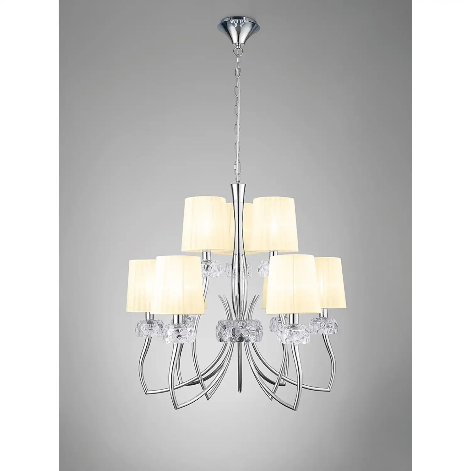 Loewe 2 Tier Pendant 6+3 Light E14, Polished Chrome With Cream Shades