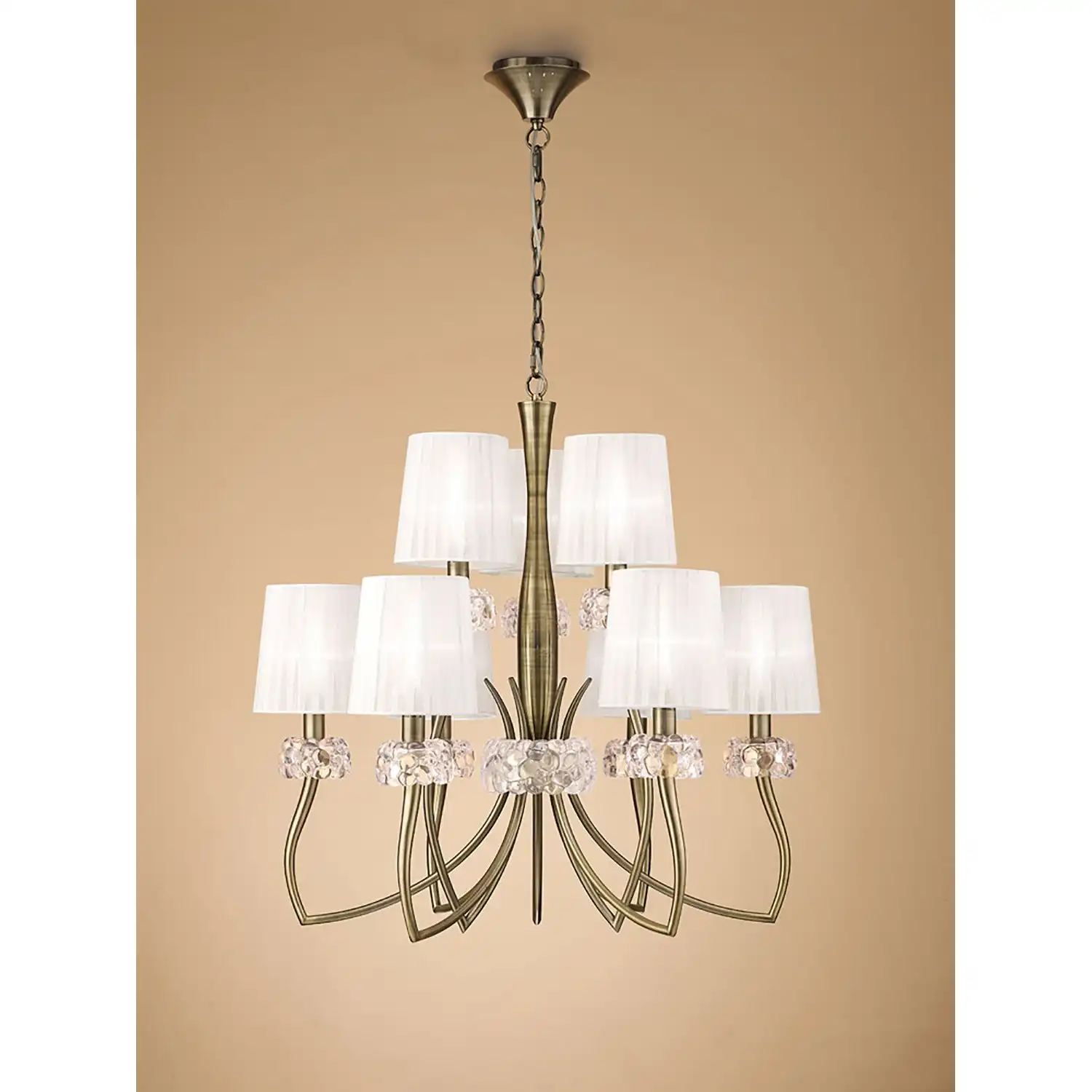 Loewe 2 Tier Pendant 6+3 Light E14, Antique Brass With White Shades