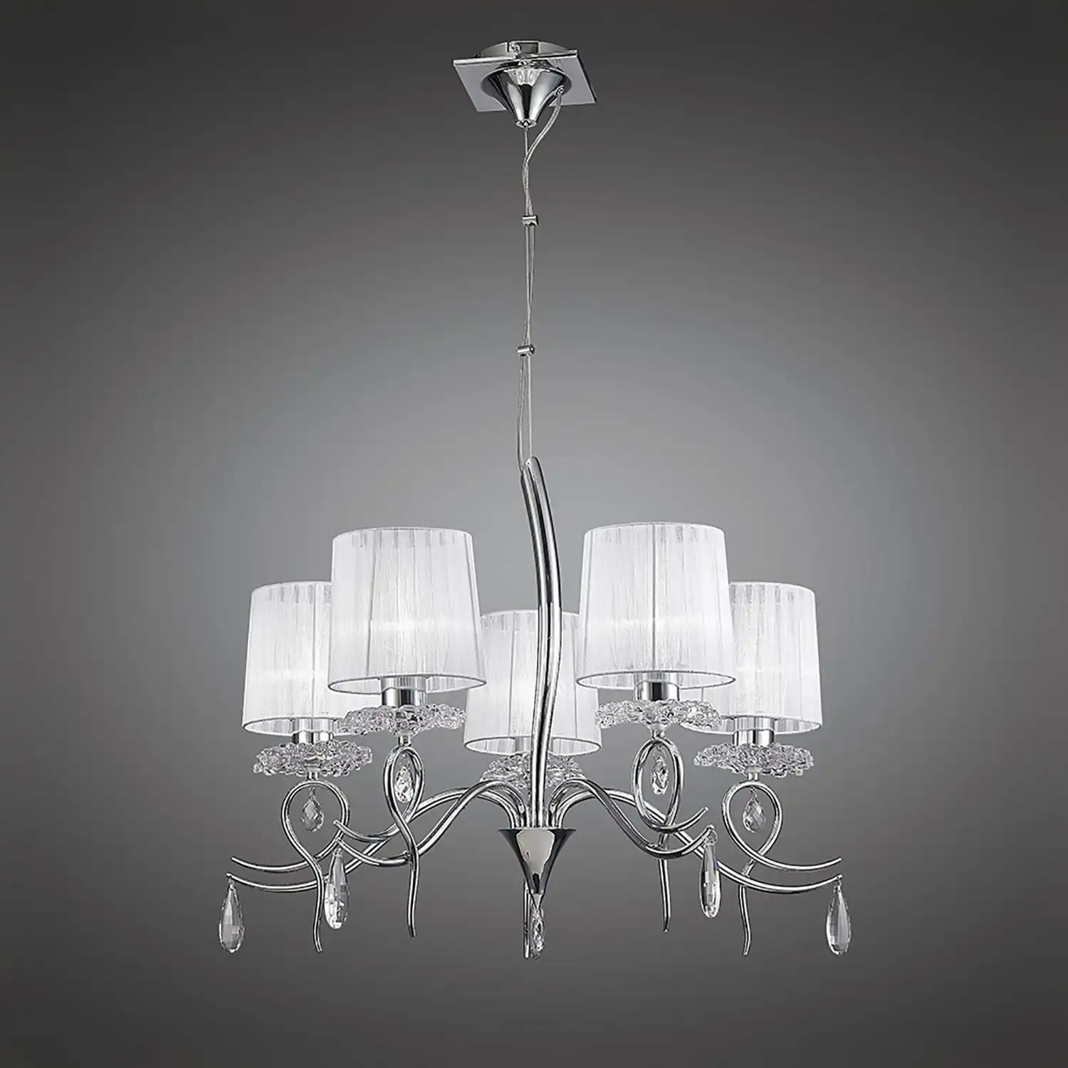 Louise Pendant 5 Light E27 With White Shades Polished Chrome Clear Crystal