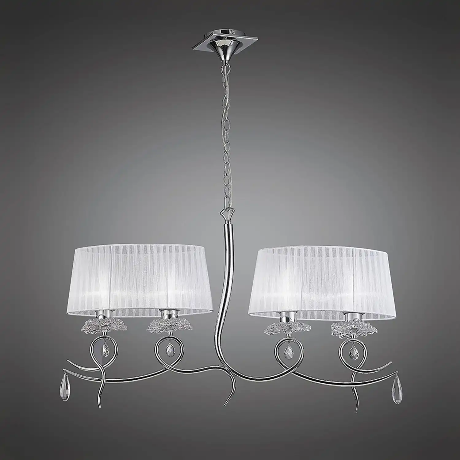 Louise Linear Pendant 2 Arm 4 Light E27 With White Oval Shades Polished Chrome Clear Crystal